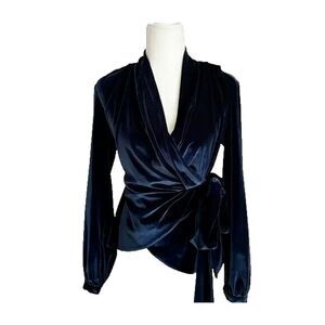 PatBO Velvet wrap Vneck plunge Blue long sleeve wrap top size Small